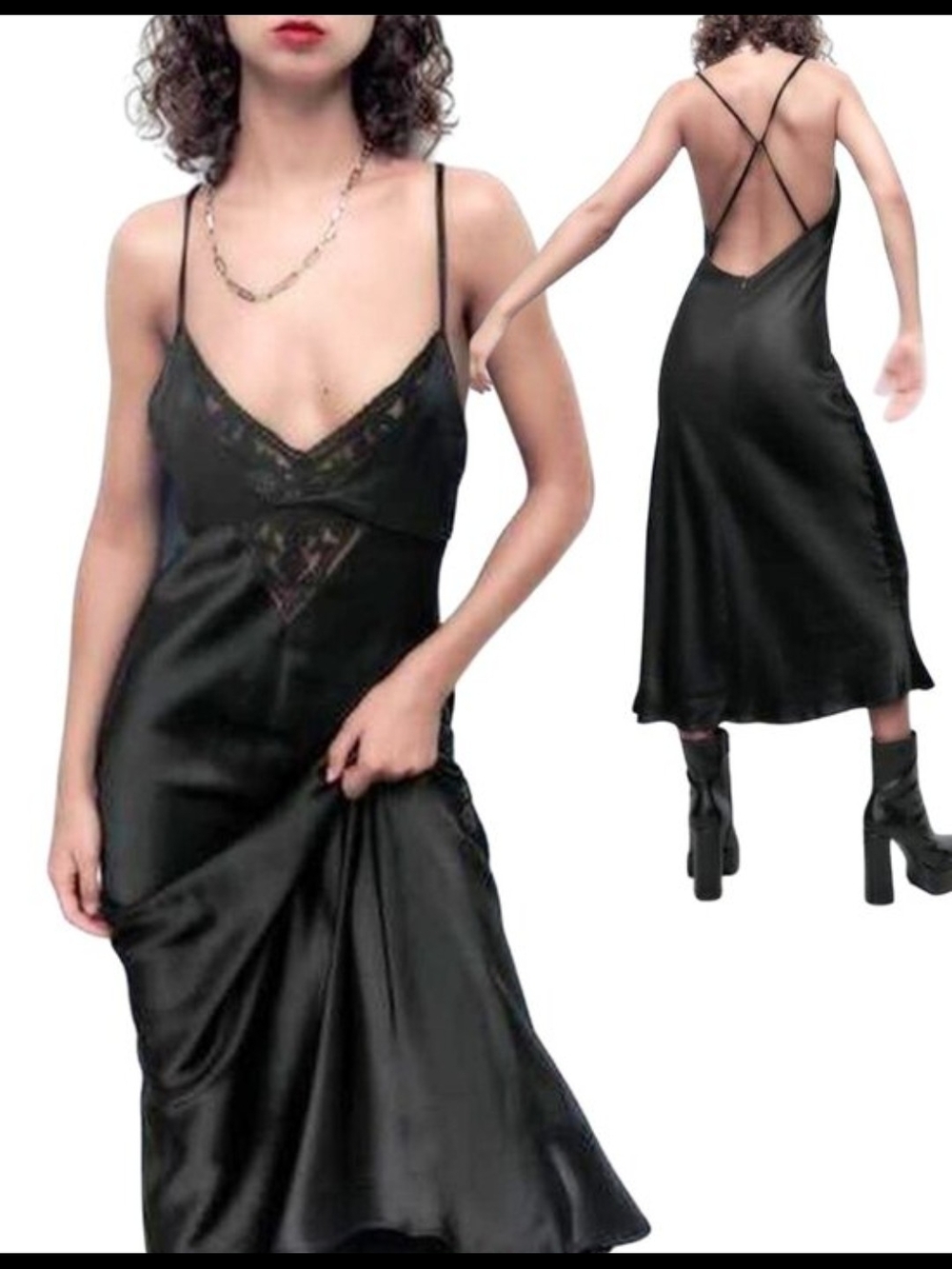 ZaranBlack Satin Lace Slip Dress